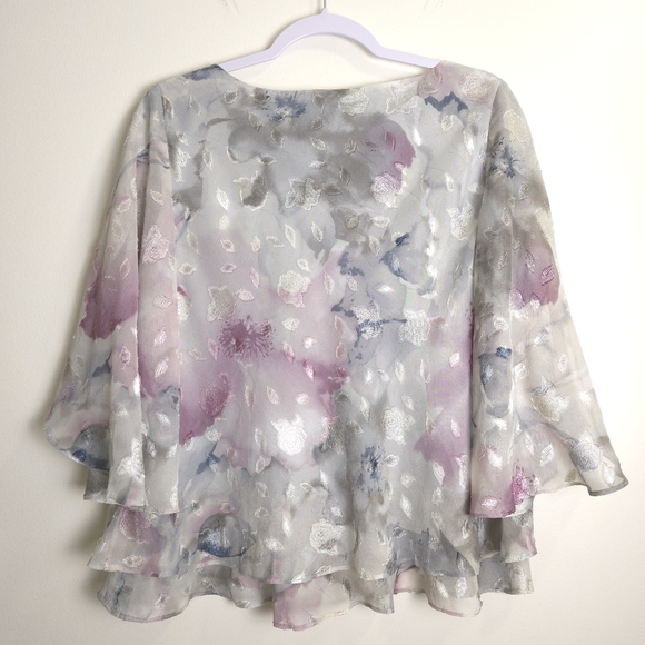 ALEX Evenings Tie Dye 3/4 Sleeve Floral‎ Textured Asymmetric Tier Hem Blouse Mp - Picture 4 of 8